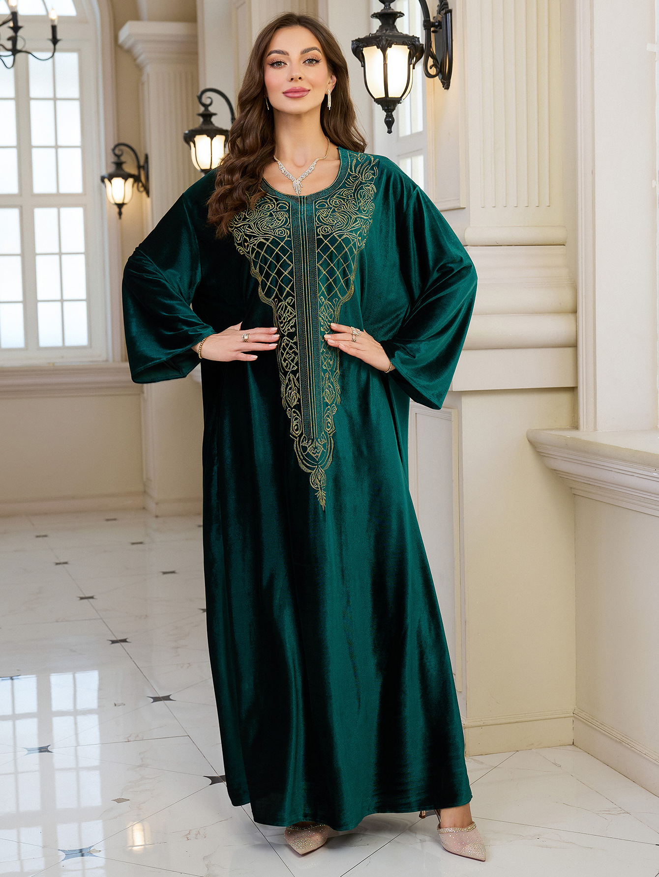 Elegant Embroidered Kaftan Dress Beach Bathing Suit Cover up Long Maxi Dress